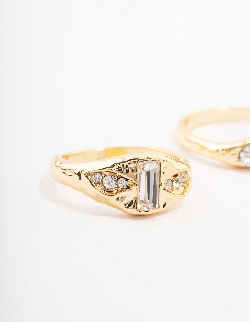 Gold Plated Baguette Signet Stacking Ring Pack
