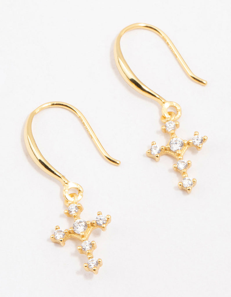 Gold Plated Sterling Silver Cubic Zirconia Cross Dangly Earrings