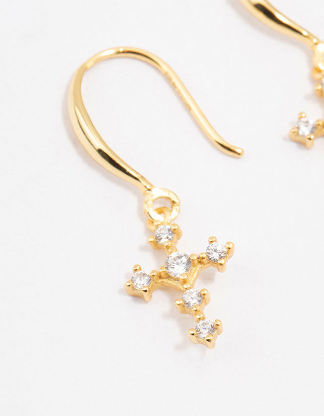 Gold Plated Sterling Silver Cubic Zirconia Cross Dangly Earrings