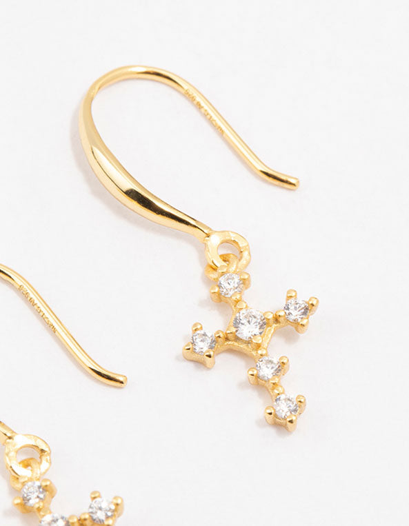 Gold Plated Sterling Silver Cubic Zirconia Cross Dangly Earrings