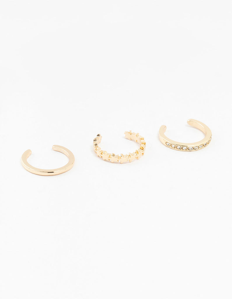 Gold Straight & Crystal Toe Rings 3-Pack