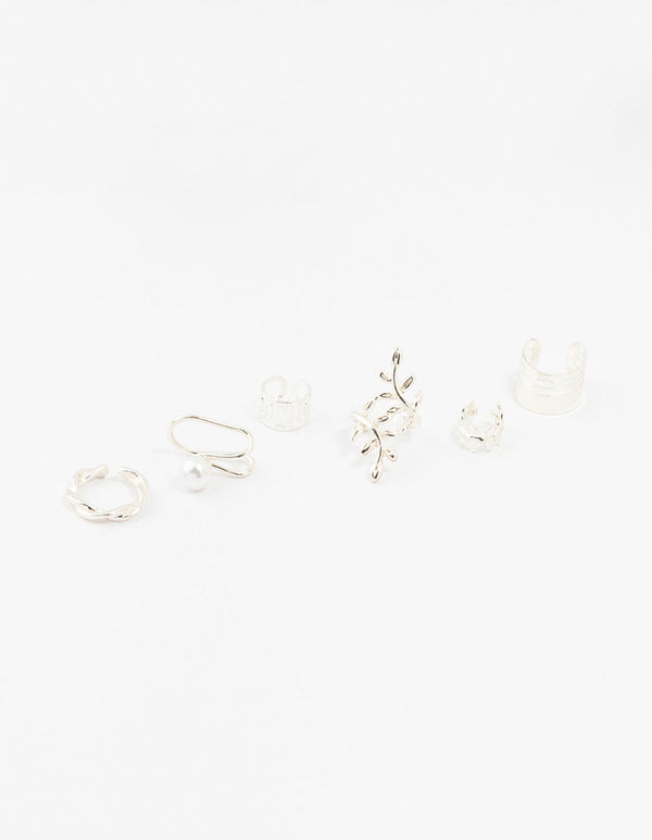 Silver Leaf & Pearl Mixed Ear Cuffs 6-Pack