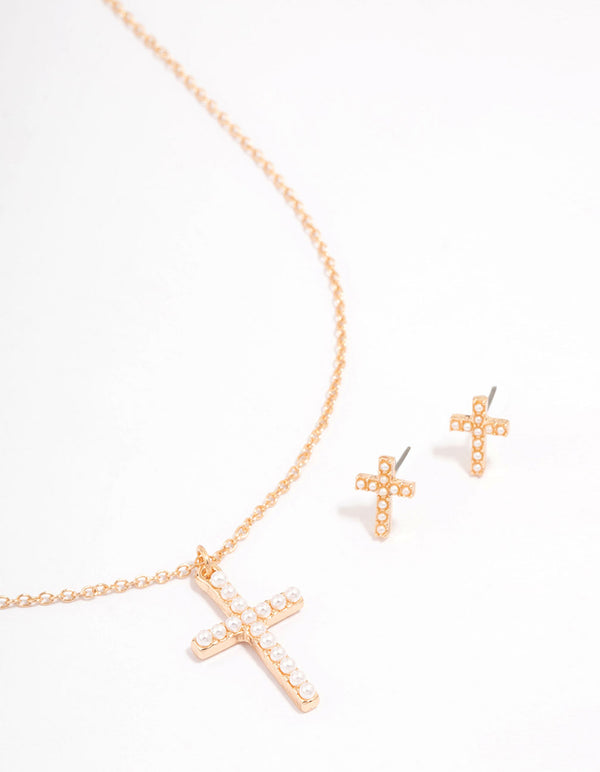Gold Pearl Cross Jewellery Set
