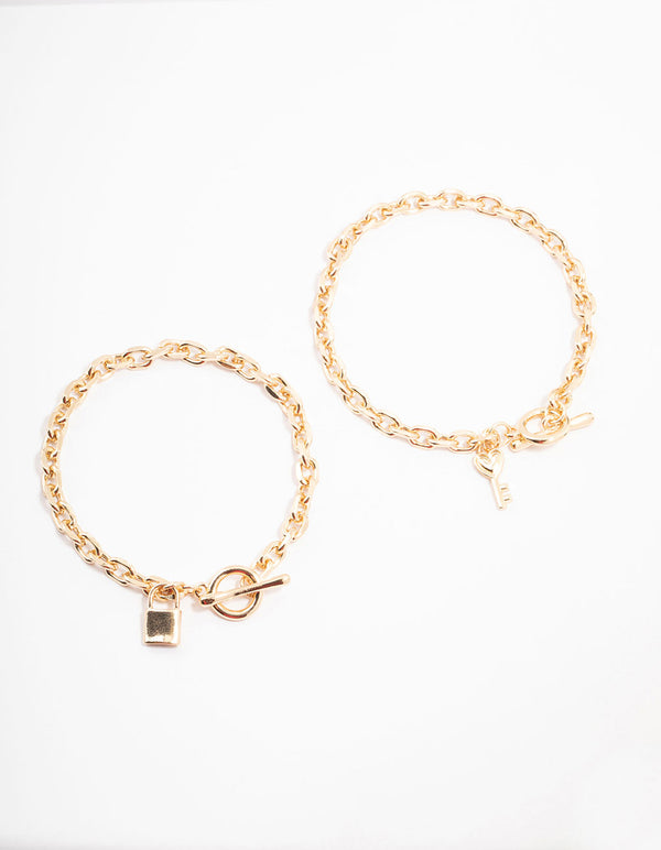 Gold Chunky Lock & Key Bracelet Pack