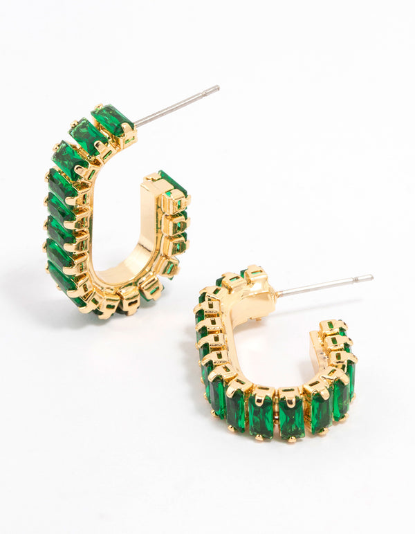 Gold Plated Horizontal Baguette Emerald Oval Hoop Earrings