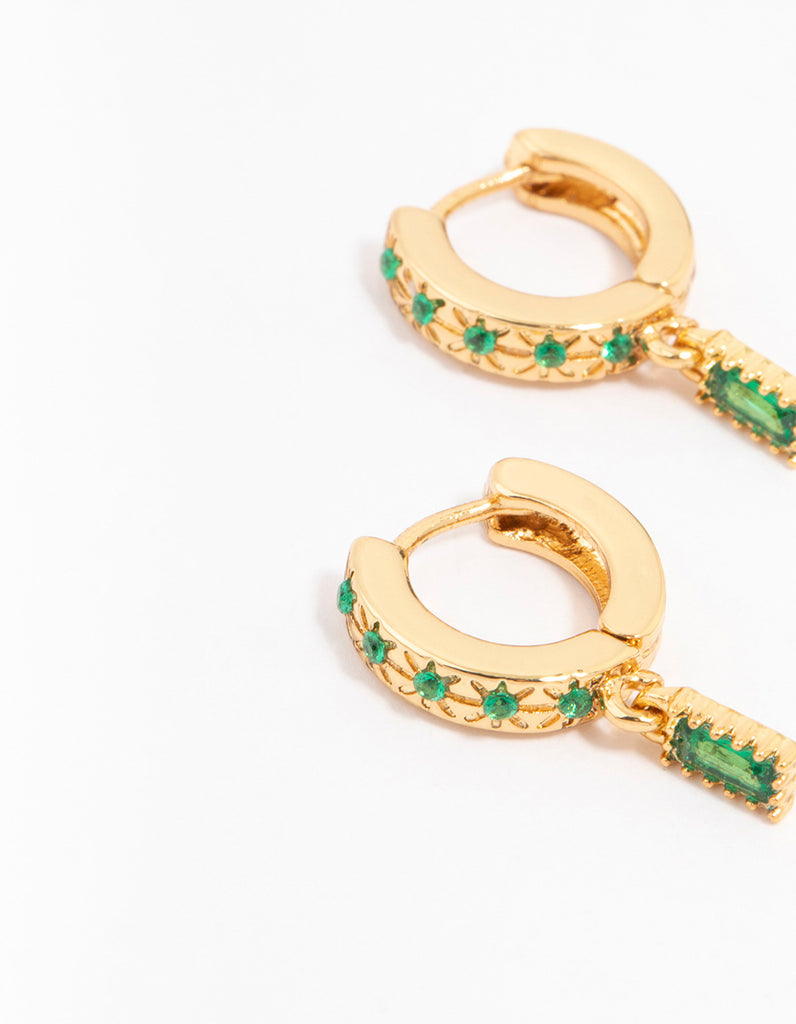 Gold Plated Emerald Baguette Celestial Huggie Earrings