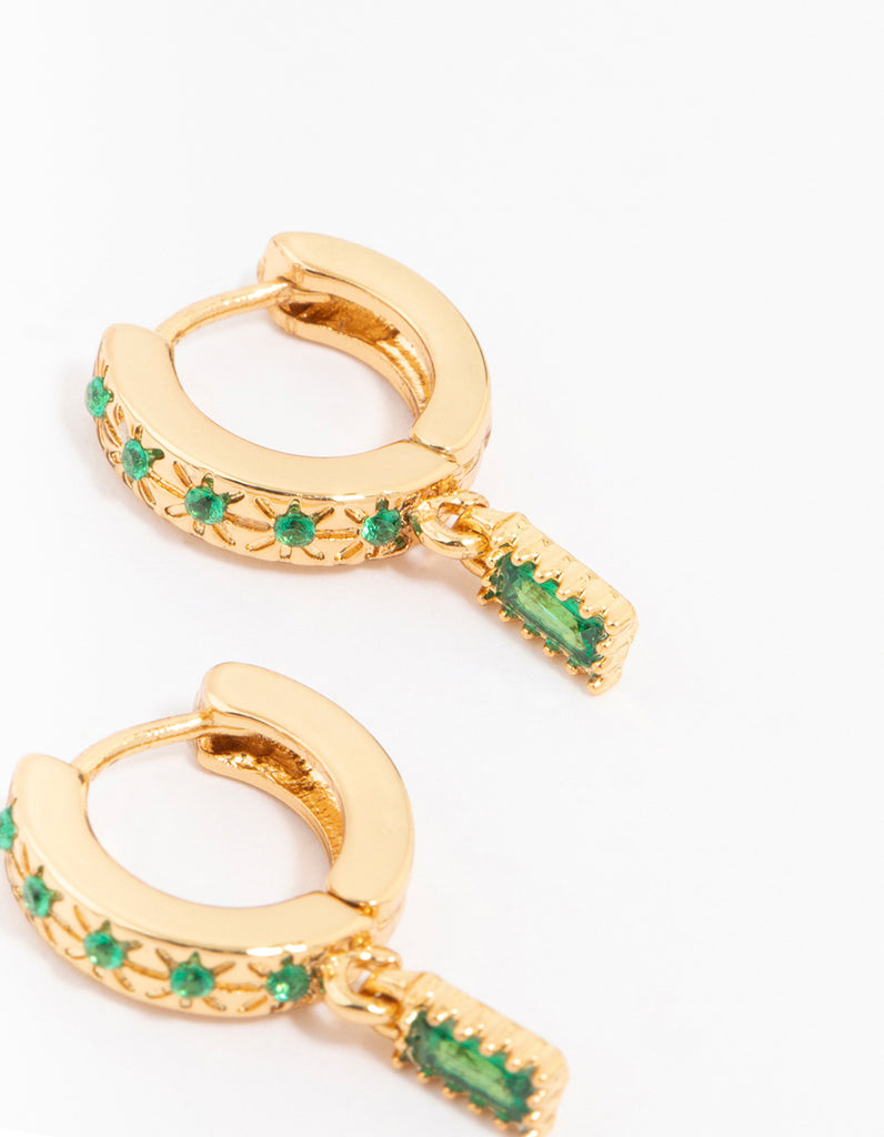 Gold Plated Emerald Baguette Celestial Huggie Earrings