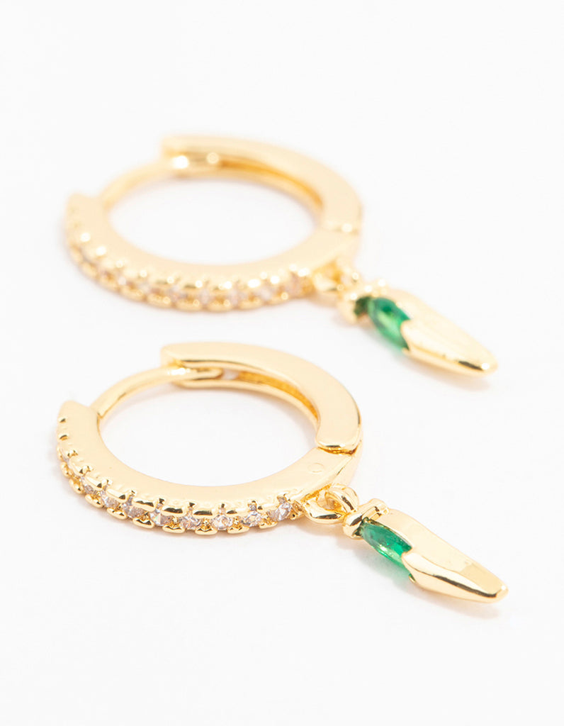 Gold Plated Emerald & Cubic Zirconia Pointed Pear Huggie Earrings