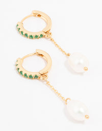 Gold Plated Cubic Zirconia Emerald & Freshwater Pearl Huggie Chain Drop Earrings - link has visual effect only