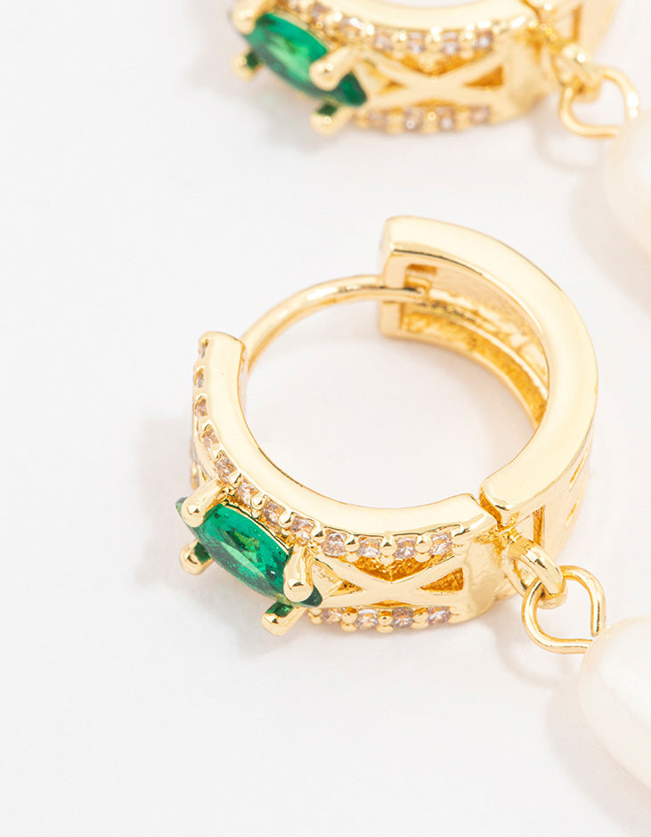 Gold Plated Cubic Zirconia Emerald Marquise & Freshwater Pearl Huggie Earrings