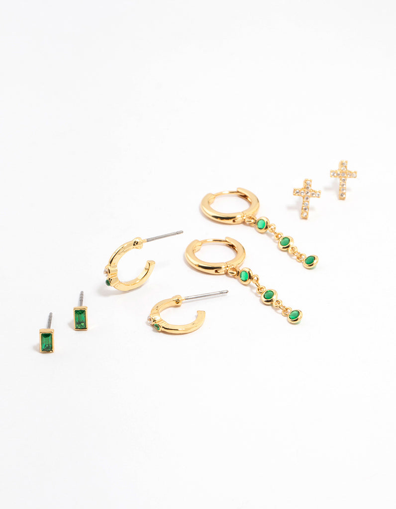Gold Plated Emerald Cross & Round Drop Earrings 4-Pack