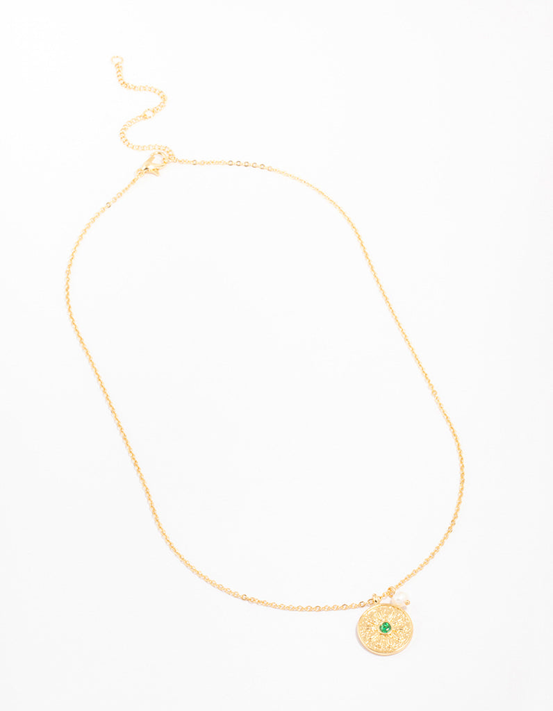 Gold Plated Emerald Coin & Freshwater Pearl Necklace