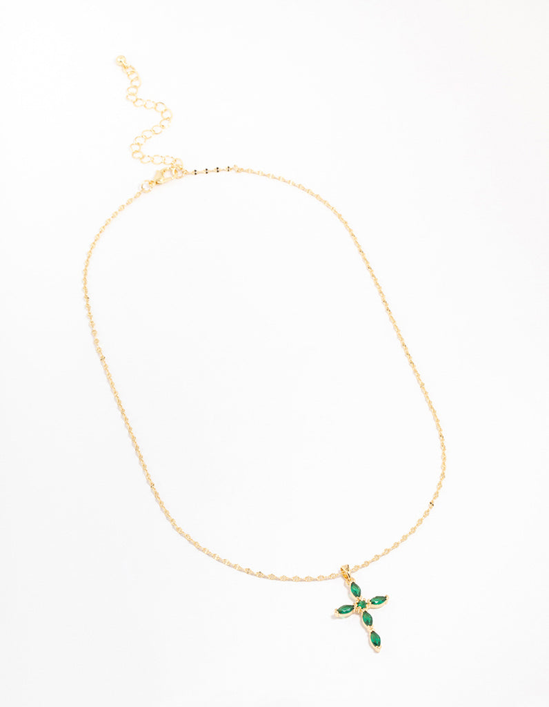 Gold Plated Cubic Zirconia Emerald Marquise Cross Necklace