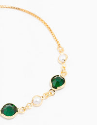 Gold Plated Cubic Zirconia Round Emerald & Pearl Toggle Bracelet - link has visual effect only