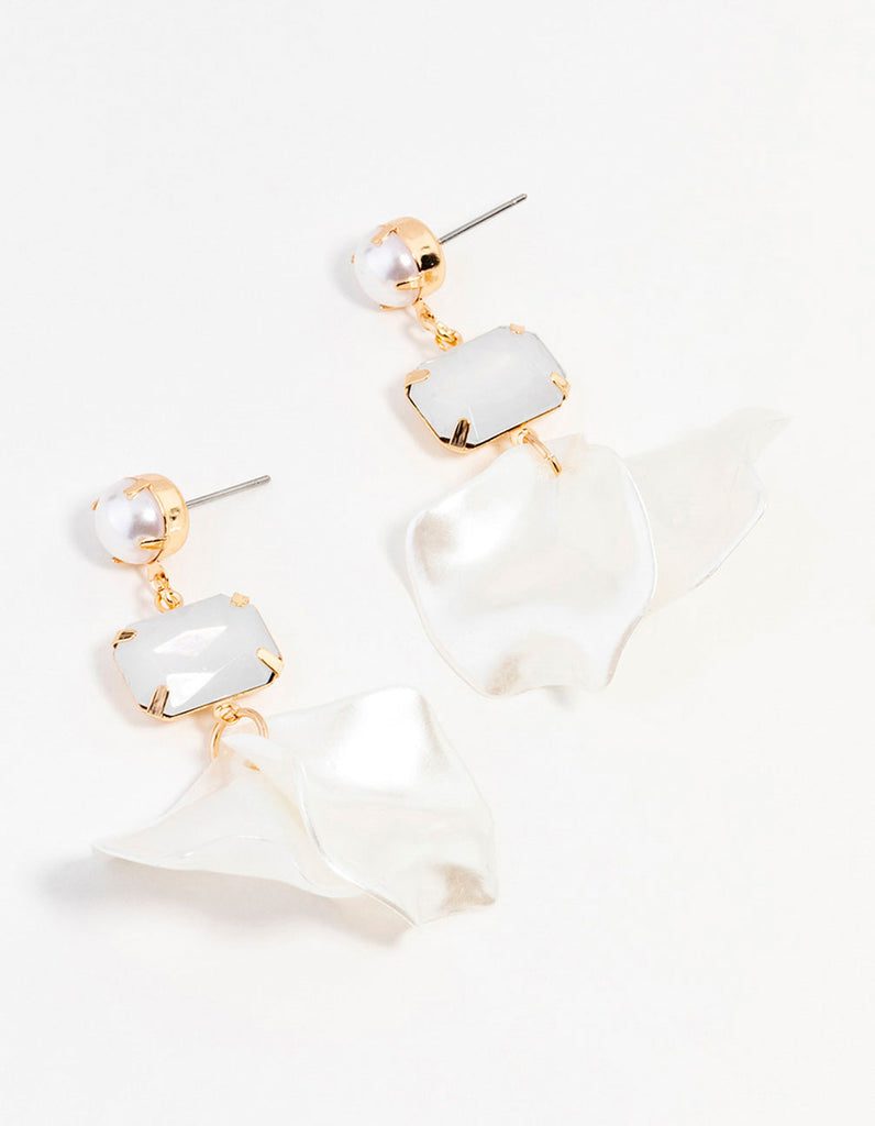 Gold Diamante Pearl Petal Drop Earrings