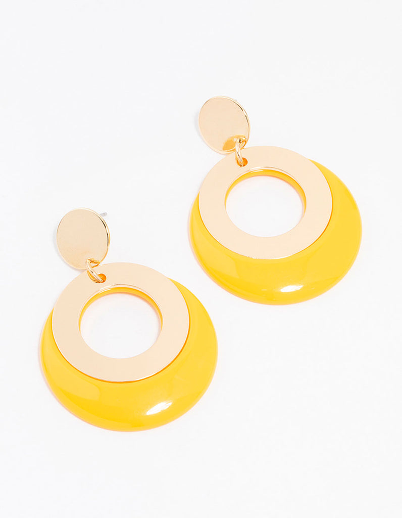 Yellow Gold Acrylic Disc And Circle Drop Earrings