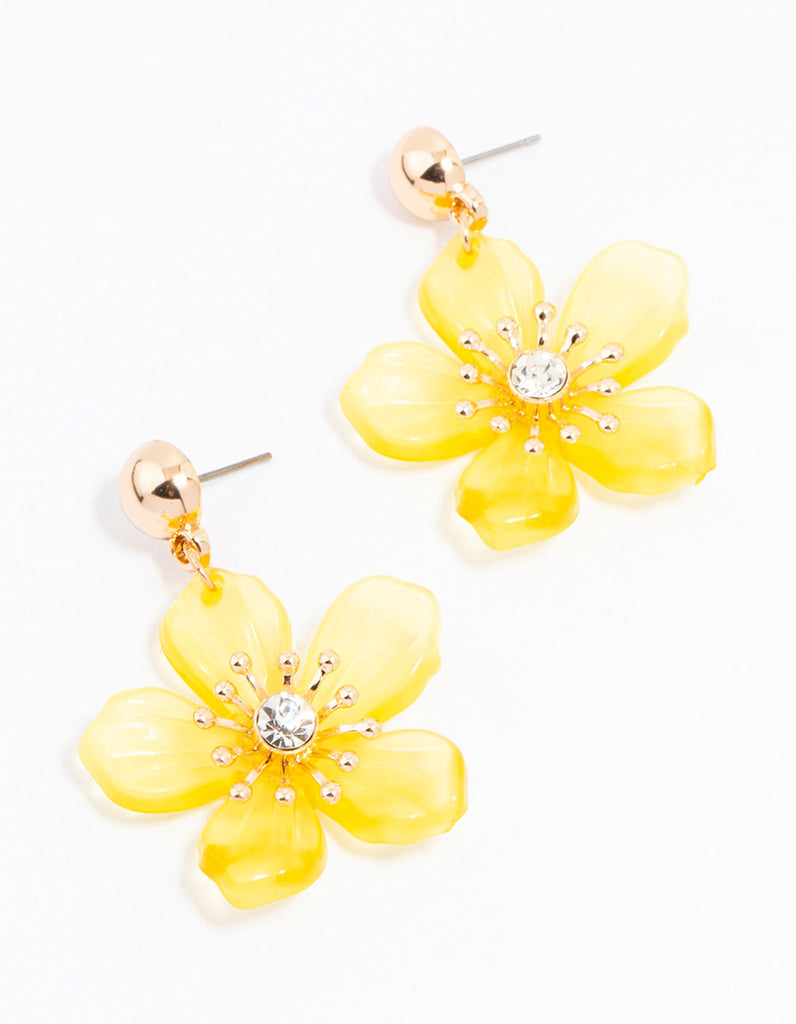 Yellow Gold Diamante Stapled? Flower Drop Earrings