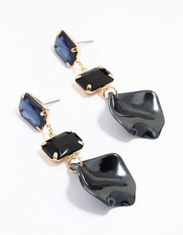 Gold Diamante Black Pearl Petal Drop Earrings