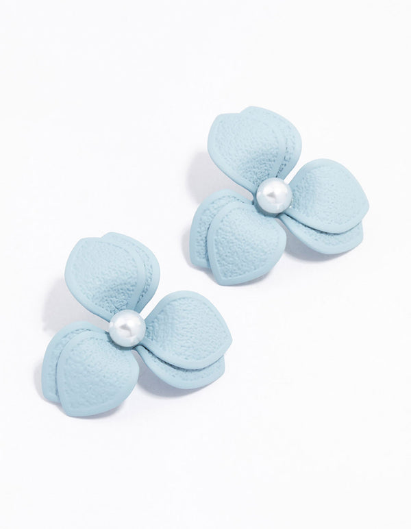 Blue Coated Petal Pearl Large Stud Earrings