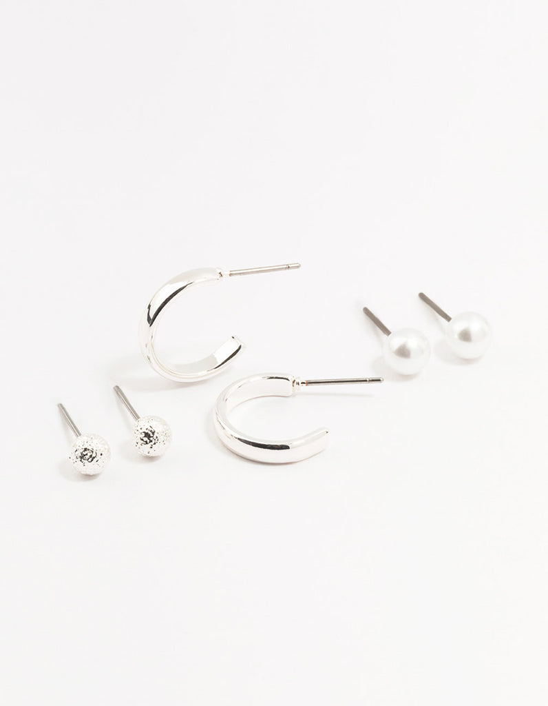 Silver Pearl Stud & Hoop Earrings 3-Pack