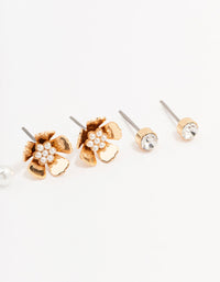 Gold Pearl Flower Stud Earrings 3-Pack - link has visual effect only