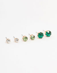 Gold Green Multi Diamante Stud Earrings 3-Pack - link has visual effect only