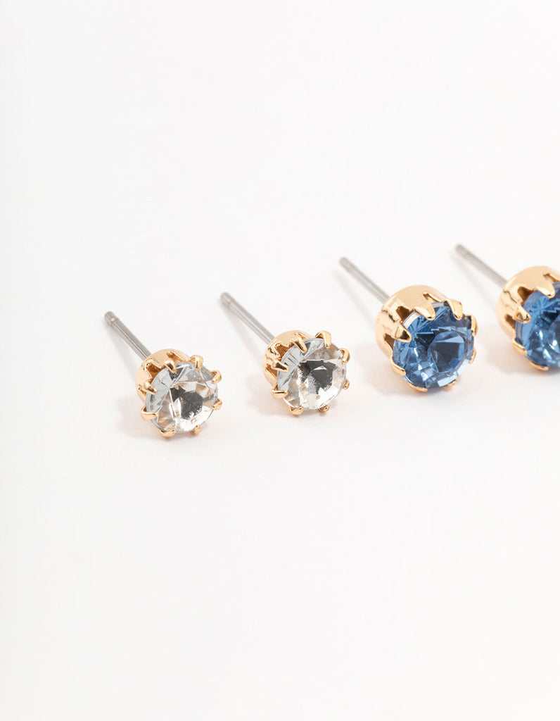 Gold Purple Multi Diamante Stud Earrings 3-Pack