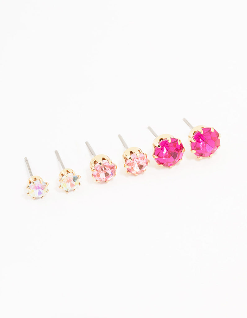 Gold Pink Multi Diamante Stud Earrings 3-Pack