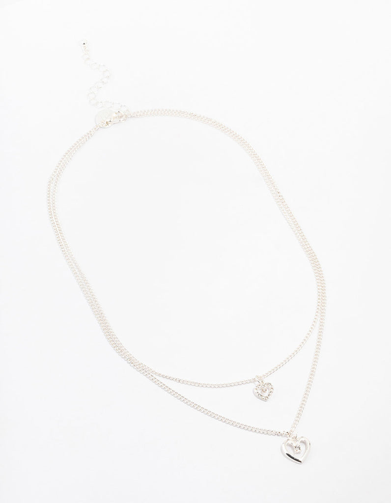 Silver Double Chain Heart Diamante Necklace