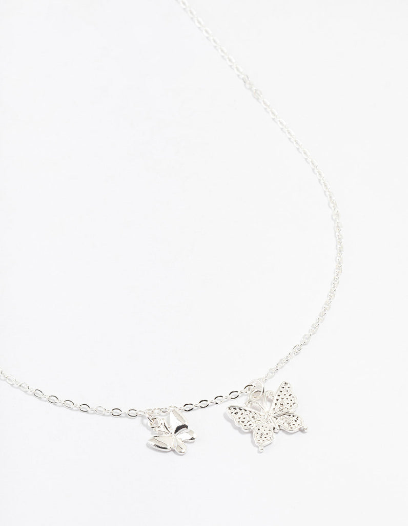 Silver Double Diamante Butterfly Necklace