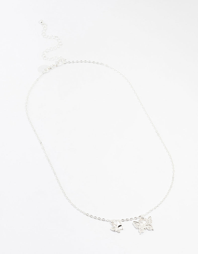 Silver Double Diamante Butterfly Necklace