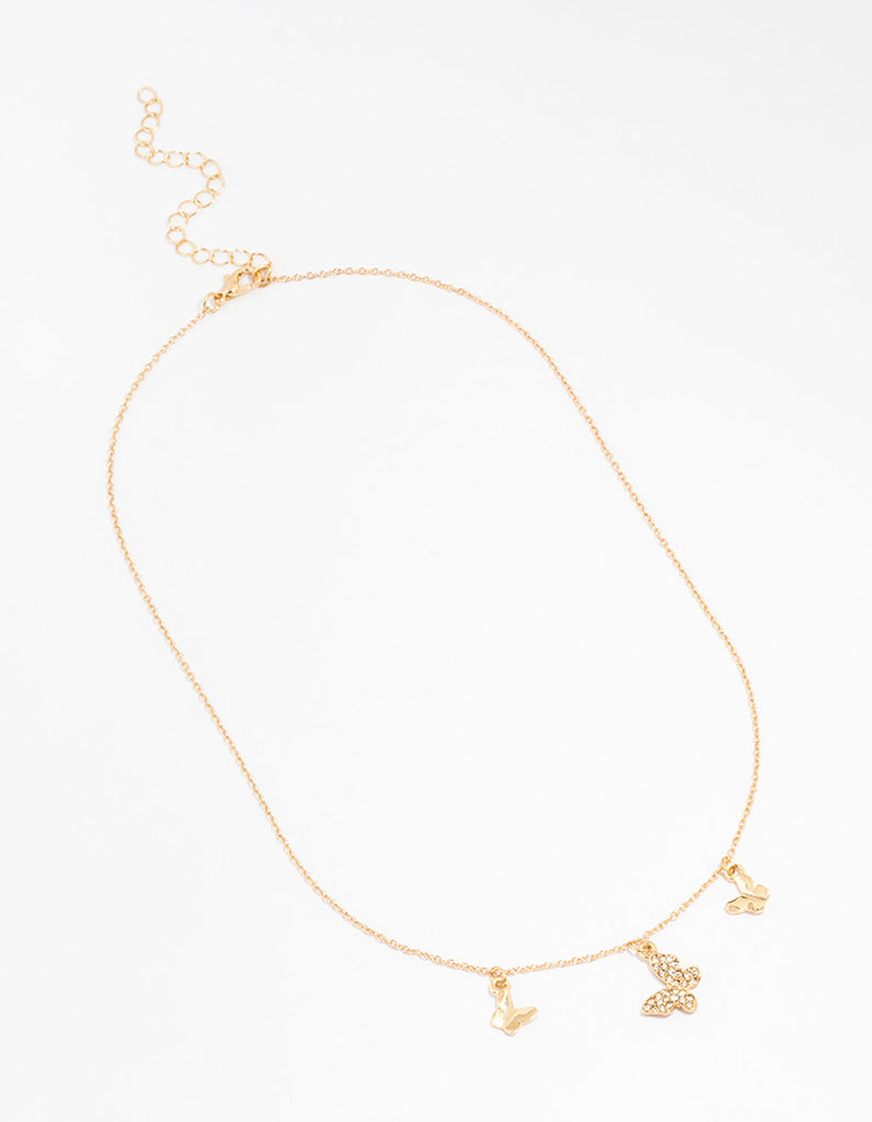 Gold Diamante Butterfly Droplet Necklace