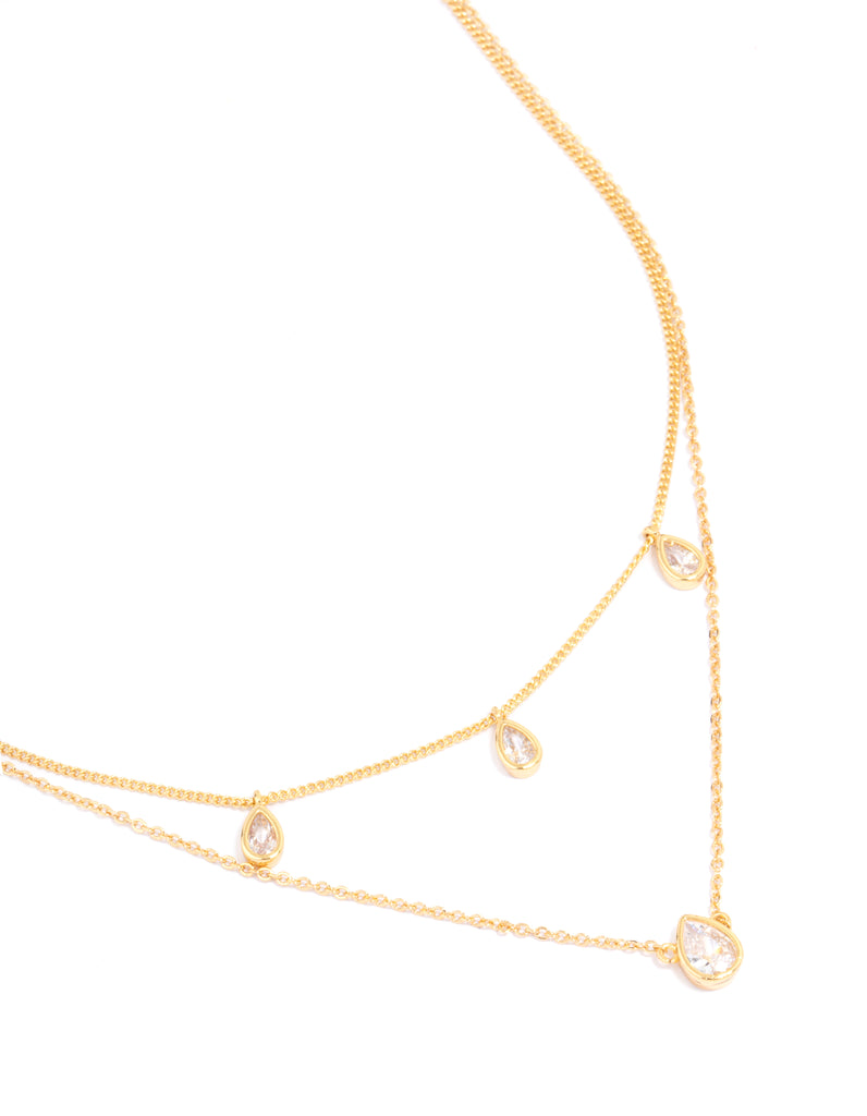 Gold Plated Cubic Zirconia Teardrop Layered Necklace