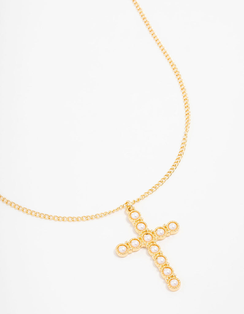 Gold Plated Acrylic Pearl Cross Necklace