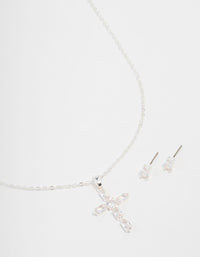 Silver Plated Diamante Cross Necklace & Stud Earrings Set - link has visual effect only