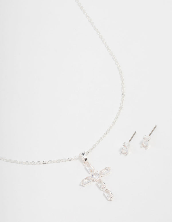 Silver Plated Diamante Cross Necklace & Stud Earrings Set