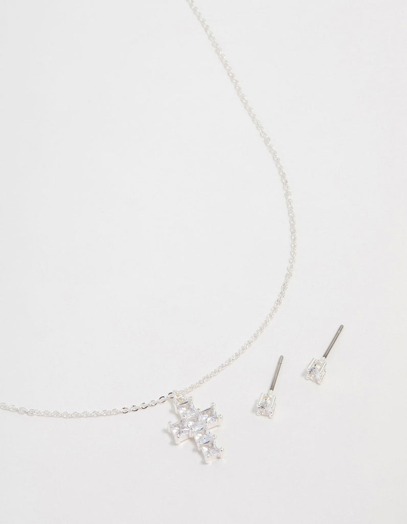 Silver Plated Cubic Zirconia Mini Cross Necklace & Stud Earrings Set