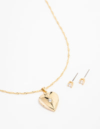 Gold Plated Cubic Zirconia Heart Locket Necklace & Stud Earrings Set - link has visual effect only