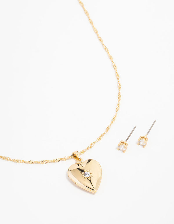 Gold Plated Cubic Zirconia Heart Locket Necklace & Stud Earrings Set