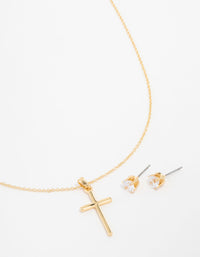 Gold Plated Cubic Zirconia Plain Cross Necklace & Stud Earrings - link has visual effect only