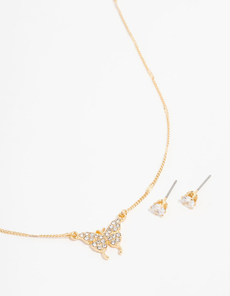 Gold Plated Diamante Butterfly Necklace & Stud Earrings Set