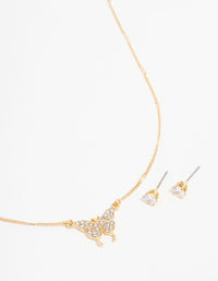 Gold Plated Diamante Butterfly Necklace & Stud Earrings Set - link has visual effect only