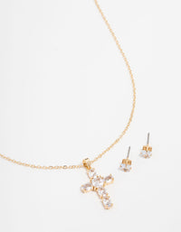 Gold Plated Cubic Zirconia Square Cross Necklace & Stud Earrings Set - link has visual effect only