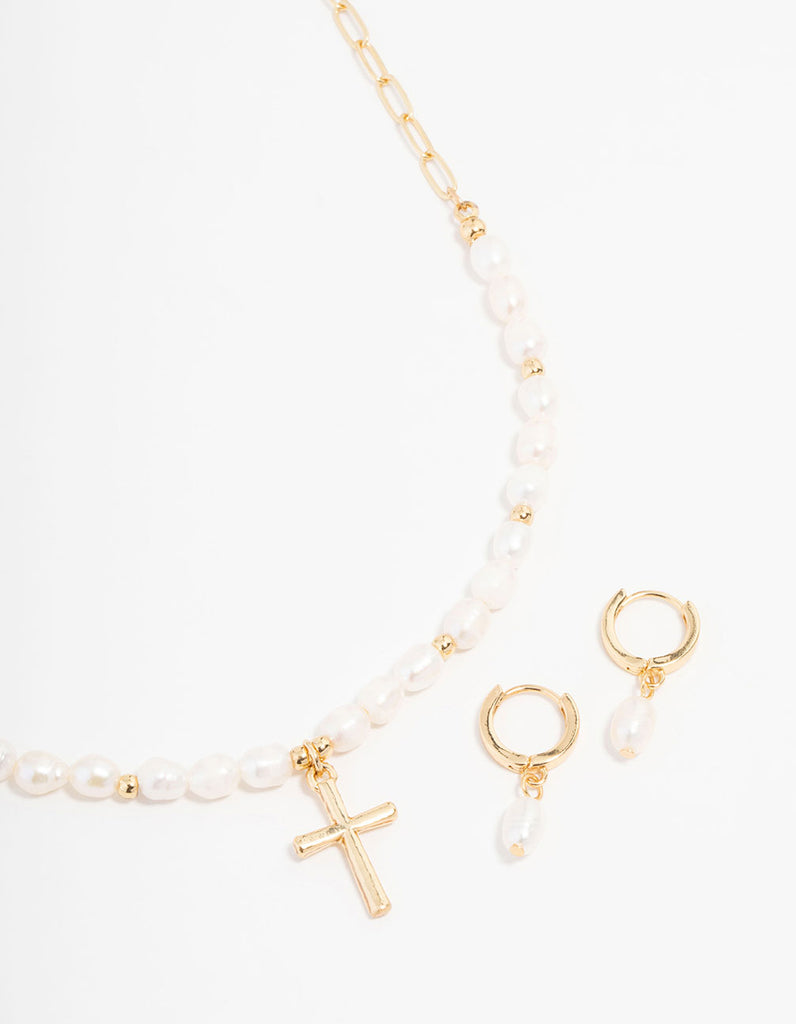 Gold Plated Freshwater Pearls Cross Necklace & Huggie Earrings Set