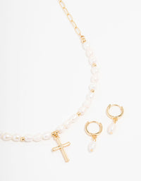 Gold Plated Freshwater Pearls Cross Necklace & Huggie Earrings Set - link has visual effect only