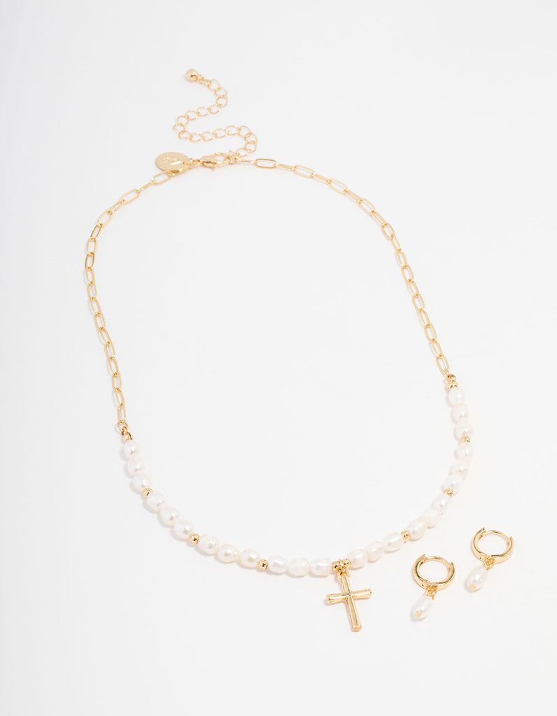 Gold Plated Freshwater Pearls Cross Necklace & Huggie Earrings Set