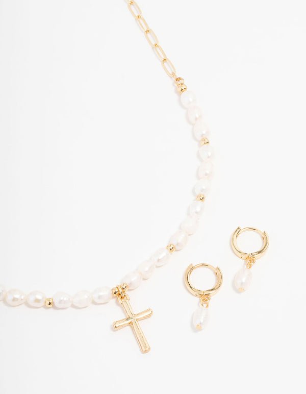 Gold Plated Freshwater Pearls Cross Necklace & Huggie Earrings Set