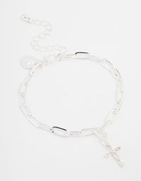 Silver Plated Cross Charm Chain Bracelet - link has visual effect only