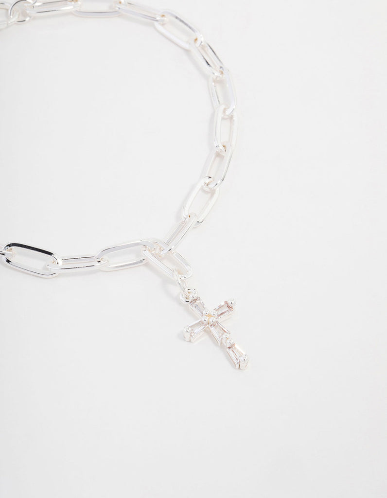 Silver Plated Cross Charm Chain Bracelet