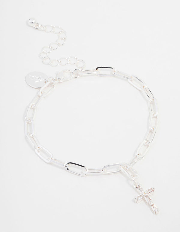 Silver Plated Cross Charm Chain Bracelet